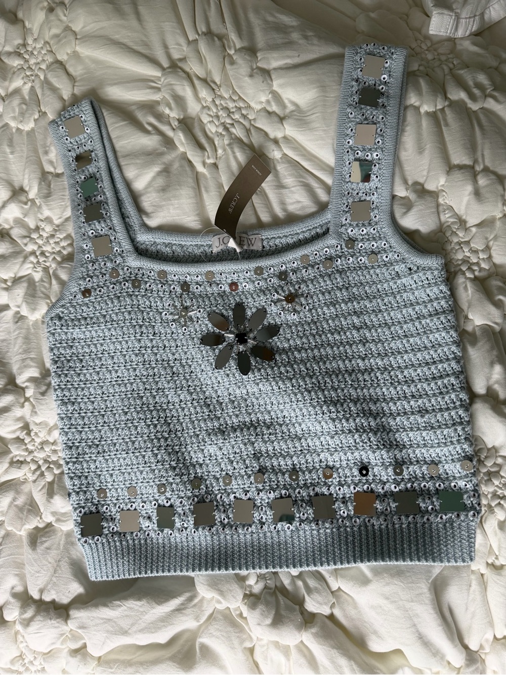 J. Crew Pale Blue Cropped Beaded Crochet Tank